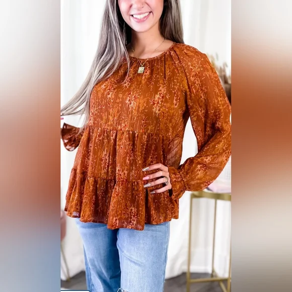 🆕🍁 Andree by Unit Peplum Ruffle Hem Peasant Blouse - Picture 3 of 15